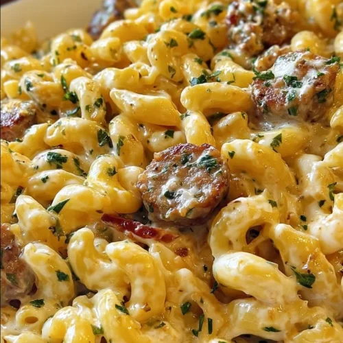 Delicious one-pan White Cheddar Ranch Pasta with sausage cooked in creamy sauce