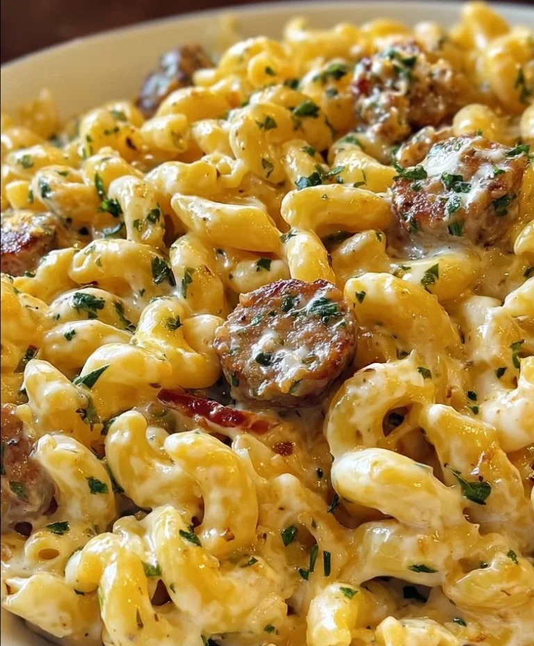 Delicious one-pan White Cheddar Ranch Pasta with sausage cooked in creamy sauce
