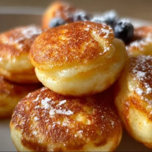Delicious pancake poppers served with syrup and berries
