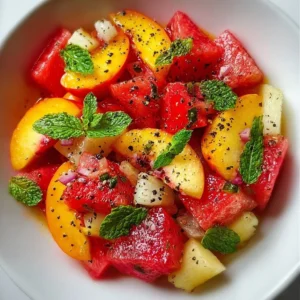 Fresh Peach Watermelon Salad with vibrant fruits and mint leaves