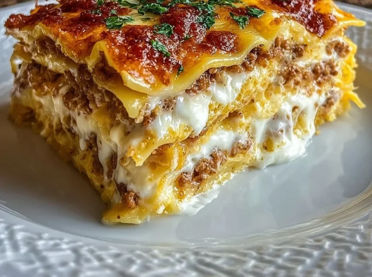 Delicious breakfast lasagna layered with eggs, cheese, and savory meats