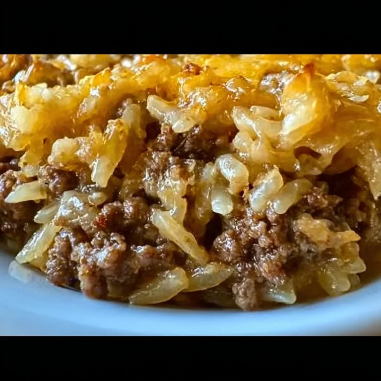 Savory French onion casserole with ground beef and rice, a delicious comfort food dish.