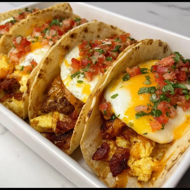 Baked breakfast tacos topped with cheese, eggs, and salsa on a plate