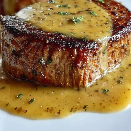 Tender filet mignon with honey mustard sauce on a plate