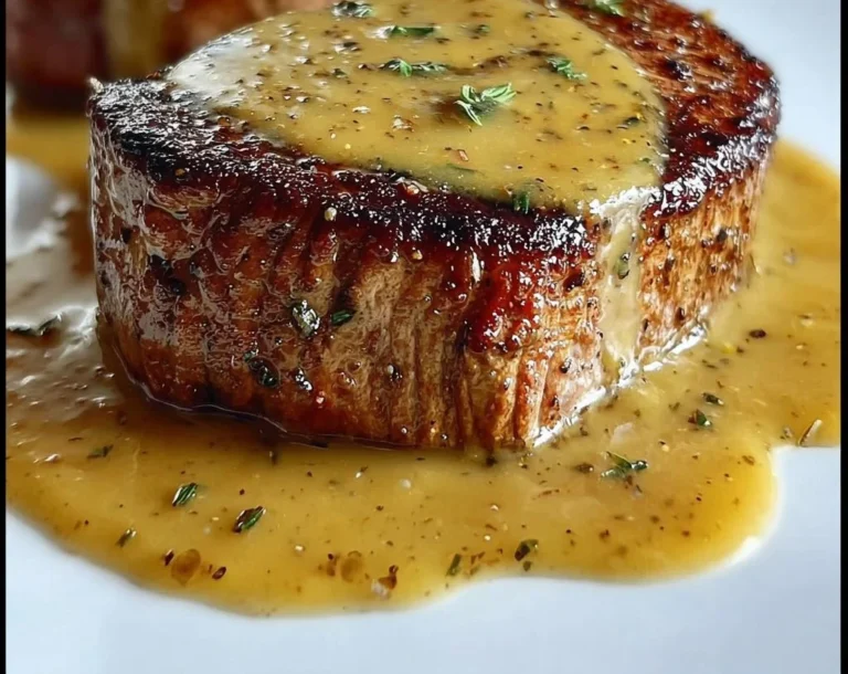 Tender filet mignon with honey mustard sauce on a plate