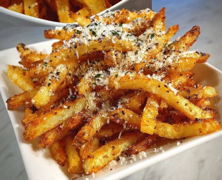Plate of crispy truffle Parmesan fries garnished with herbs