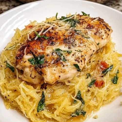 Tuscan Chicken served with spaghetti squash on a plate