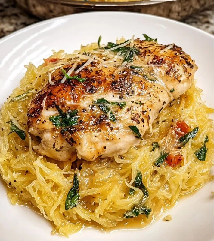 Tuscan Chicken served with spaghetti squash on a plate