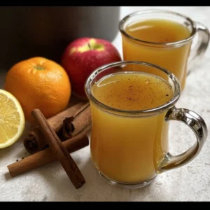 A hot mug of Wassail with spices and fruit, perfect for winter gatherings.