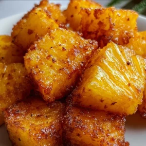 Delicious air fryer pineapple chunks, perfectly caramelized and ready to enjoy.