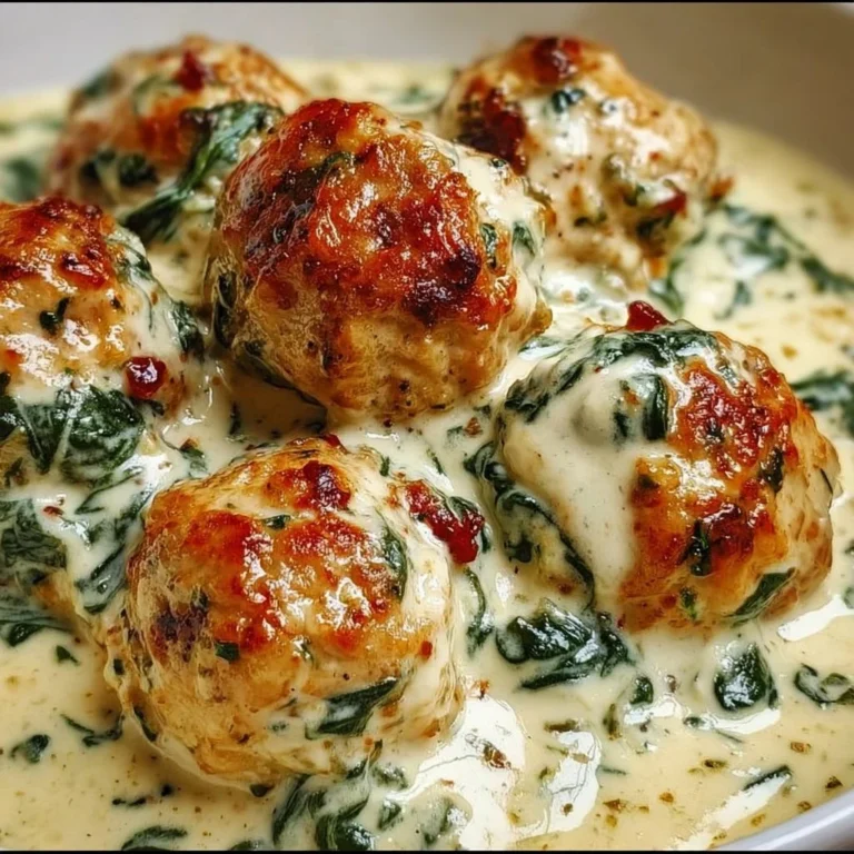 Baked Chicken Ricotta Meatballs with Spinach Alfredo Sauce served on a plate