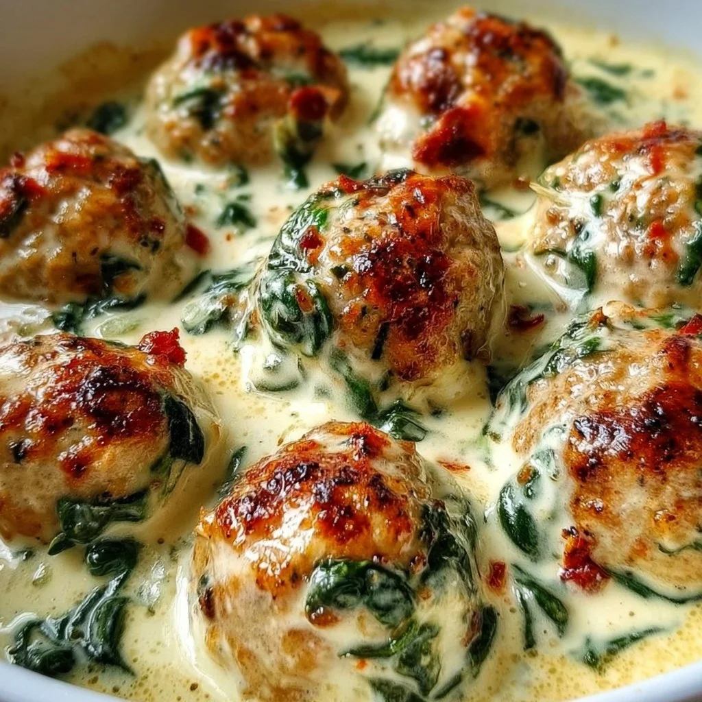 Baked Chicken Ricotta Meatballs with Spinach Alfredo Sauce