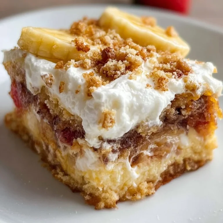 Delicious Banana Split Dump Cake topped with whipped cream and cherries