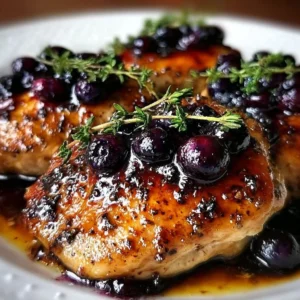 Delicious blueberry thyme chicken served with fresh herbs and berries.