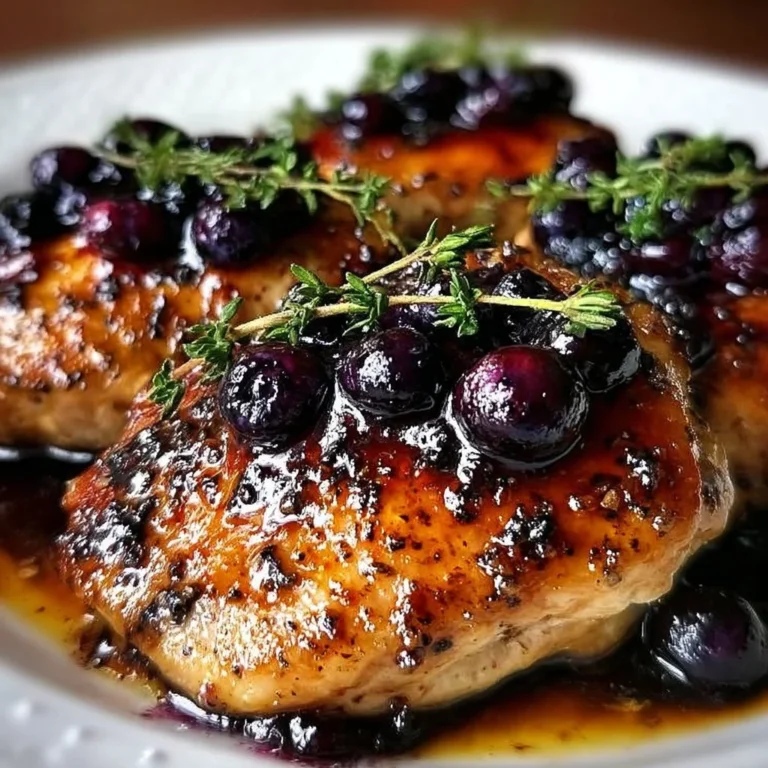 Delicious blueberry thyme chicken served with fresh herbs and berries.