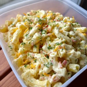 Cheddar Sour Cream Macaroni Salad served in a bowl with garnishes