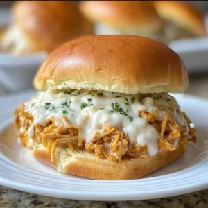 Plate of Chicken Alfredo Sloppy Joes with creamy sauce and garnished toppings