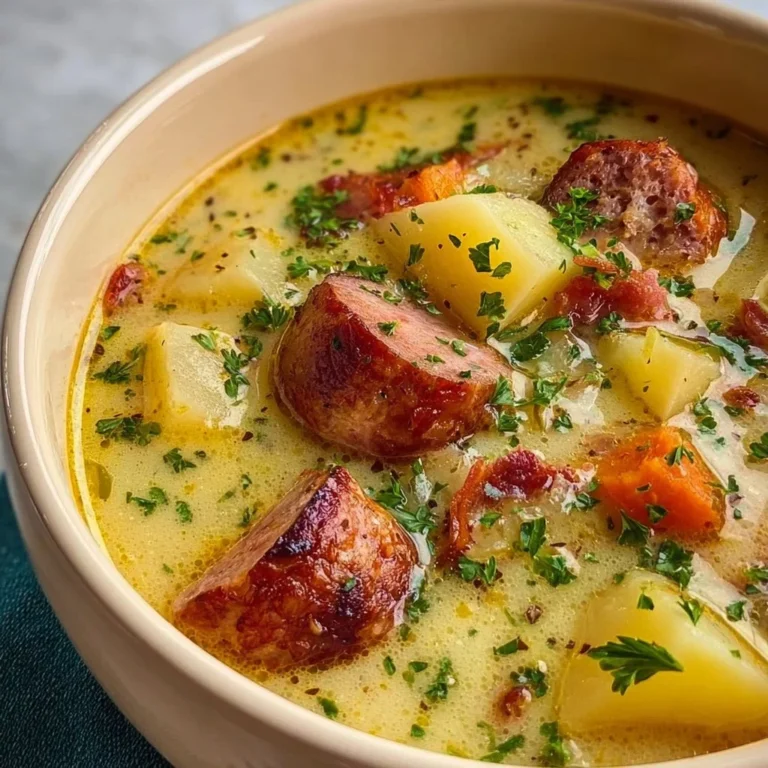 Bowl of classic German potato soup with sausage and fresh herbs