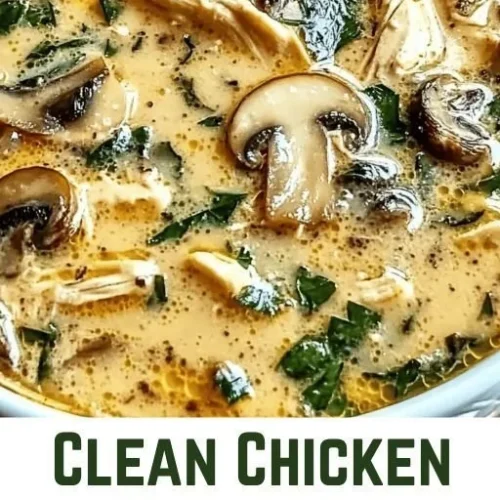 Bowl of clean chicken mushroom soup perfect for cozy nights.
