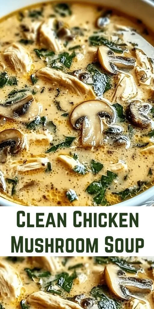 Bowl of clean chicken mushroom soup perfect for cozy nights.