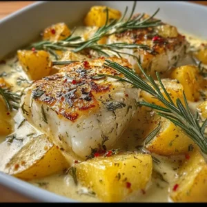 Plate of cod and potatoes in rosemary cream sauce garnished with fresh herbs