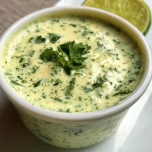 Creamy garlic lime cilantro sauce in a bowl garnished with fresh cilantro.