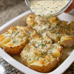 Creamy Parmesan oven-baked potatoes served in a baking dish