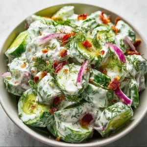Fresh Cucumber Ranch Crack Salad with dressing and crunchy toppings