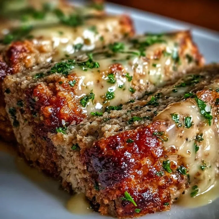 Delicious Garlic Parmesan Meatloaf served on a plate with herbs.