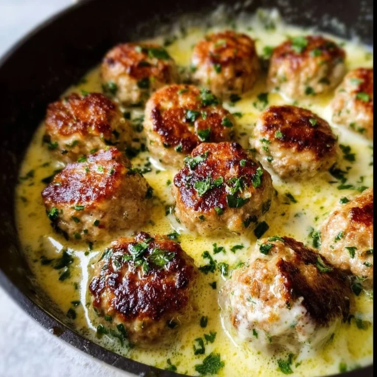 Plate of Greek chicken meatballs in lemon cream sauce garnished with herbs