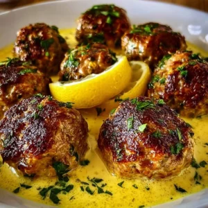 Plate of Greek meatballs served in lemon sauce with fresh herbs