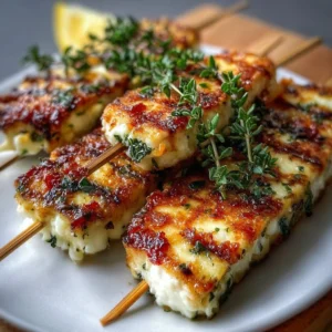 Grilled halloumi skewers garnished with lemon and thyme on skewers