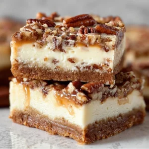Delicious pecan pie cheesecake bars topped with caramel and pecans