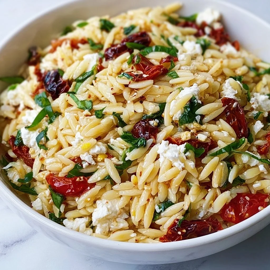 Homemade Orzo Pasta Salad with Feta and Sun Dried Tomatoes - flirtyfood