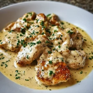 Delicious Irish chicken in whiskey cream sauce garnished with herbs