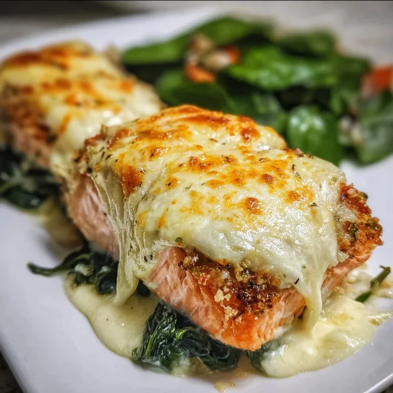 Delicious baked salmon with spinach and mozzarella served on a plate