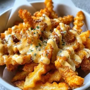 Delicious Louisiana Voodoo Fries topped with spices and sauces.