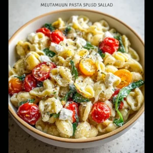 Mediterranean Cottage Cheese Pasta Salad with fresh vegetables and herbs
