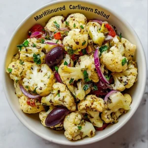 Mediterranean marinated cauliflower salad with colorful vegetables and herbs