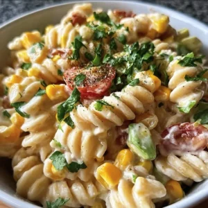 Colorful Mexican street corn pasta salad with fresh ingredients and vibrant flavors