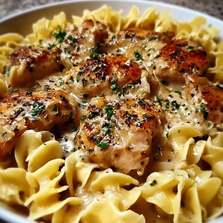 One-Pan Creamy Garlic Butter Chicken served with egg noodles