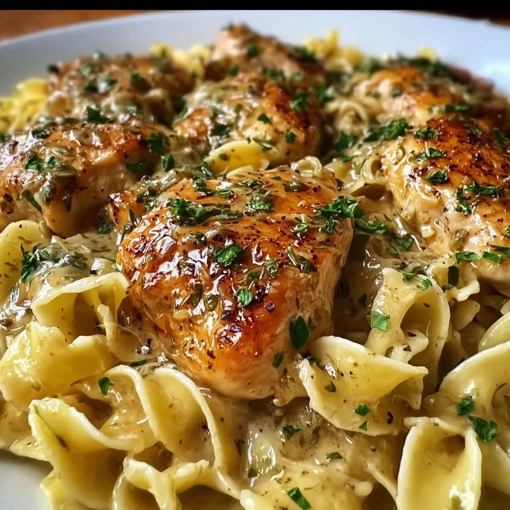 One-Pan Creamy Garlic Butter Chicken with Egg Noodles