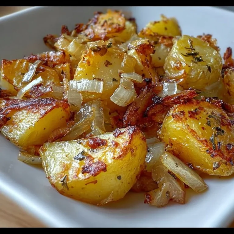Oven fried potatoes and onions, crispy and golden, served on a plate.
