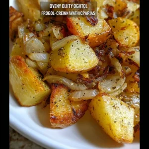 Plate of oven fried potatoes and onions, golden and crispy, served as a side dish.