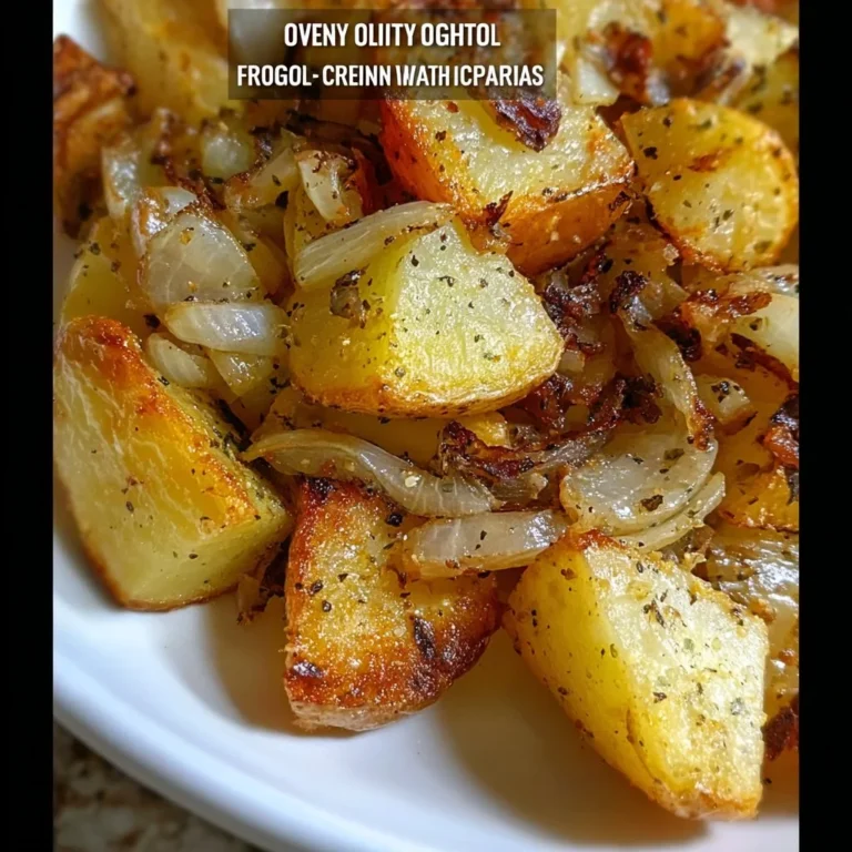 Plate of oven fried potatoes and onions, golden and crispy, served as a side dish.