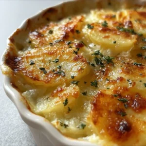 Delicious Potatoes Romanoff served in a baking dish with melted cheese on top.