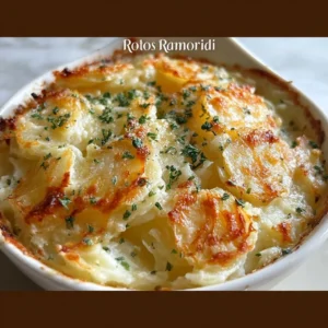 Delicious Potatoes Romanoff served in a dish with a creamy topping