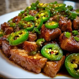 Delicious sweet jalapeno pork dish with vibrant colors and garnished