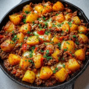 Delicious Sloppy Joe Potato Skillet served in a cast iron pan.