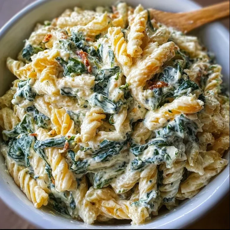 Delicious bowl of spinach dip pasta salad with fresh ingredients